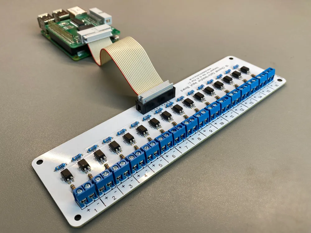 Relay board connected to an IO Pi Plus on a Raspberry Pi computer