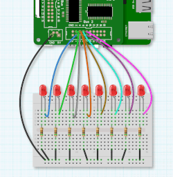 8 LEDs connected to an IO Pi Plus on a Raspberry Pi