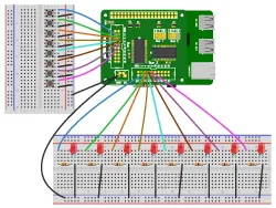 Circuit Layout showing LEDs and switches connected to a Raspberry Pi and IO Pi plus expansion board