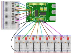 Circuit Layout showing LEDs and switches connected to a Raspberry Pi and IO Pi plus development board