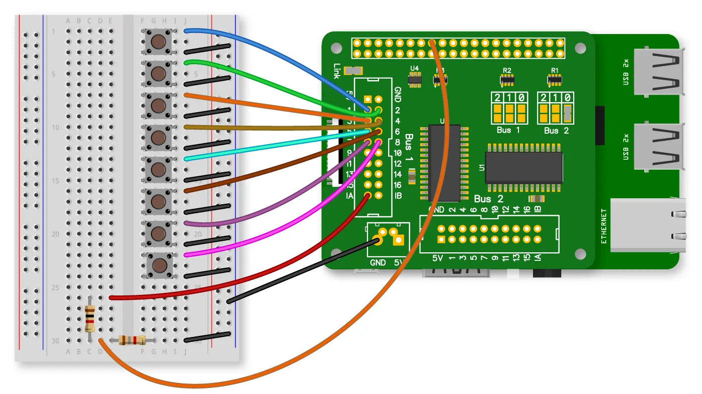 Raspberry Pi with an IO Pi Plus development  board connected to a breakout board with switches