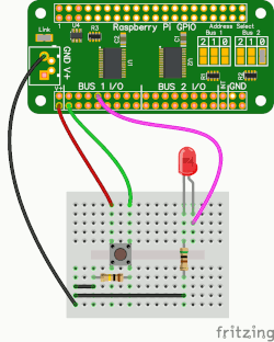 Tutorial 2 Push the button showing a led and button connected to a Raspberry Pi