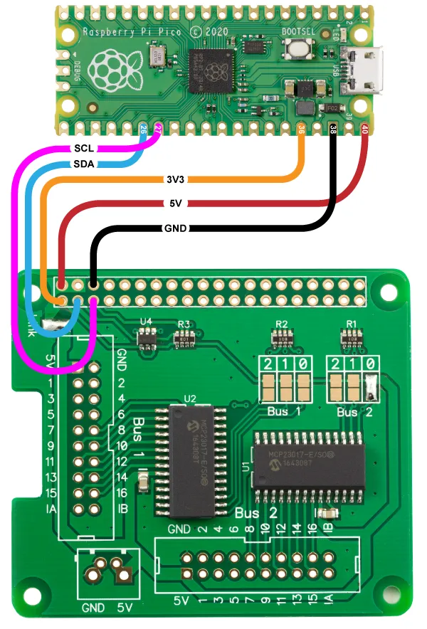 Diagram showing how to connect the IO Pi to a Pico